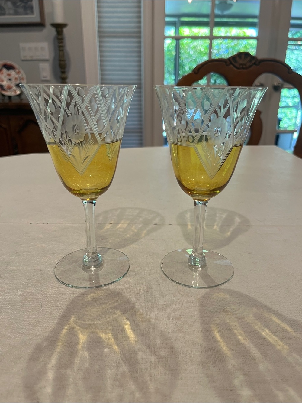 Vintage MCM Cut Crystal floral Yellow Wine Glasses - Set of 2. Gorgeous!